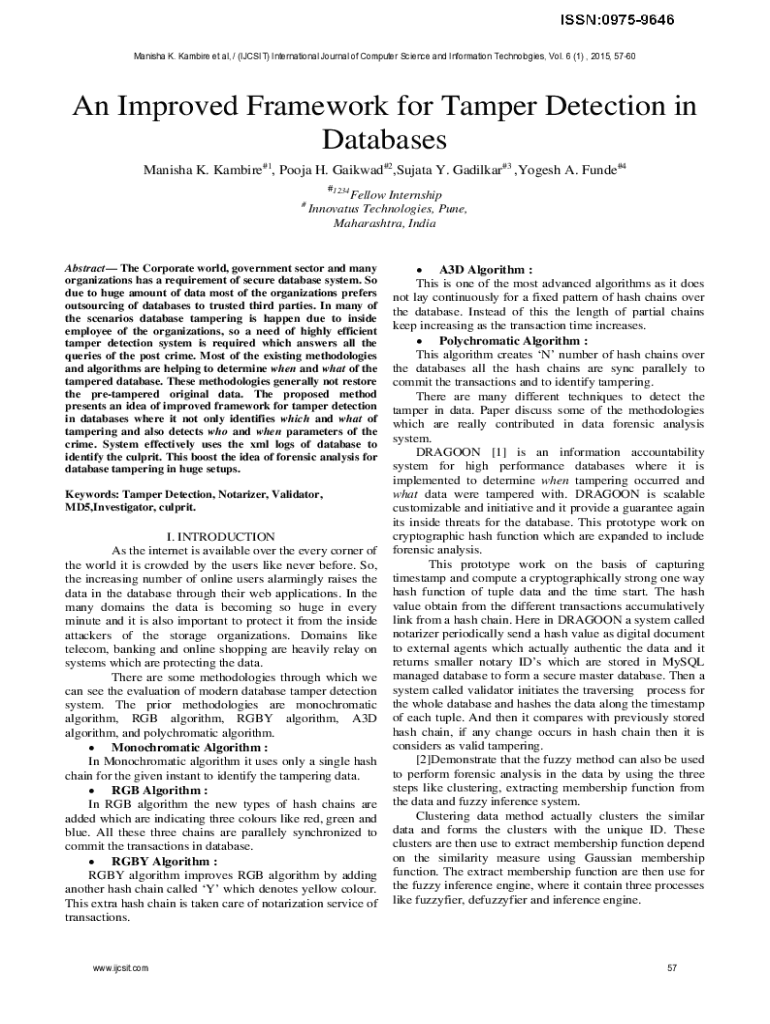 Fillable Online An Improved Framework for Tamper Detection in Databases