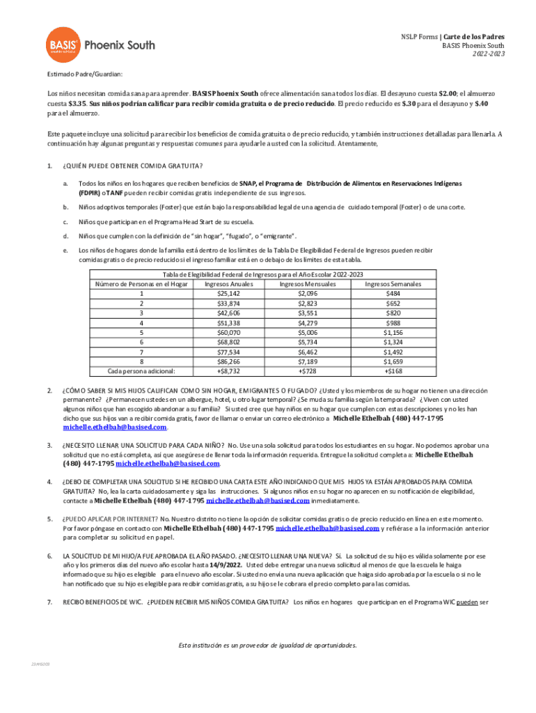 Completable En línea NSLP Forms Carte de los Padres BASIS Phoenix South