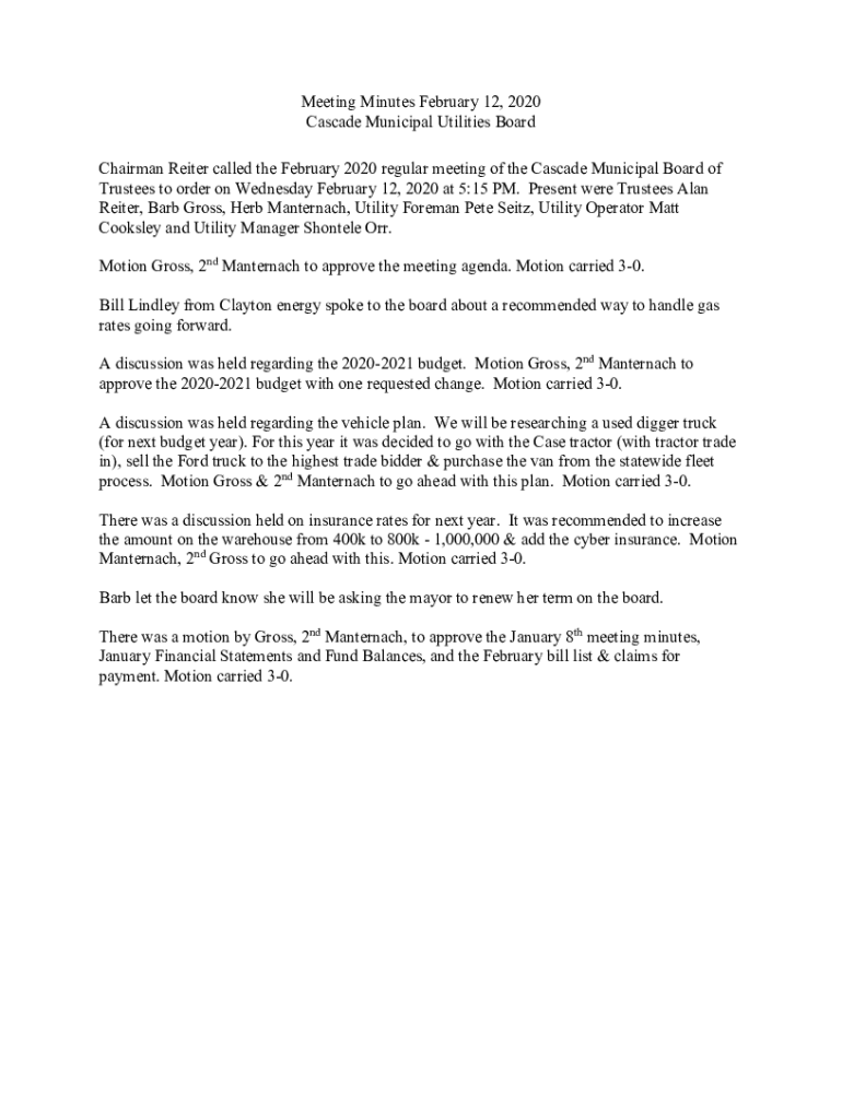 Fillable Online Notice is hereby given that the Cascade Municipal Utilities Board Fax Email