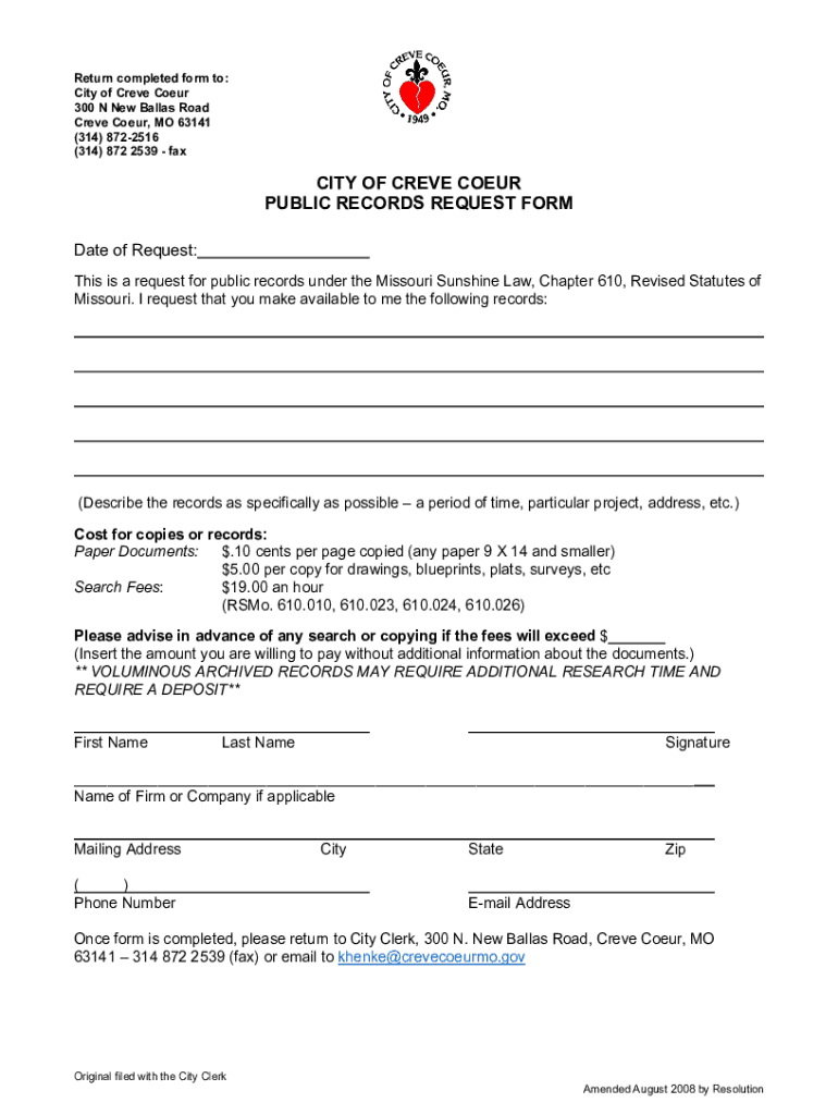 Fillable Online City of Creve Coeur Public Records Request Form Fax