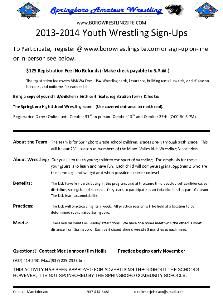 Fillable Online Registration ListVienna Youth Inc Wrestling Fax Email