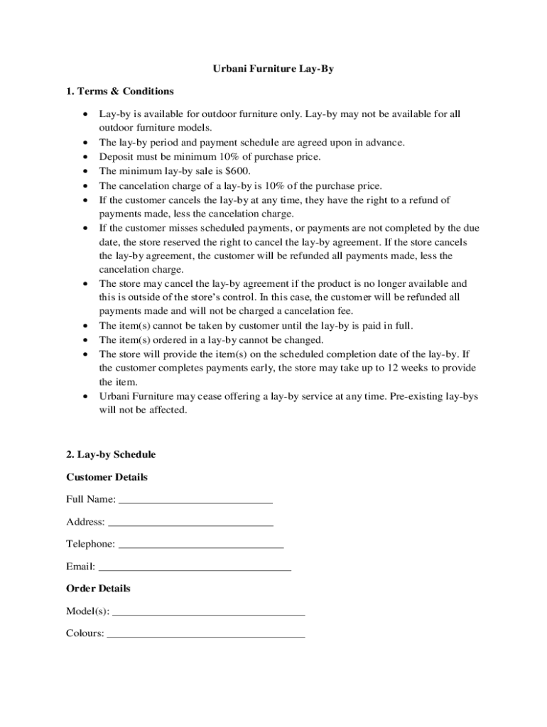 Fillable Online Urbani Furniture LayBy 1. Terms & Conditions Layby is available Fax Email