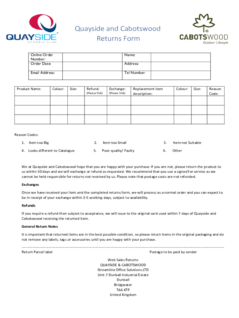 Fillable Online Quayside and Cabotswood Returns Form Fax Email Print