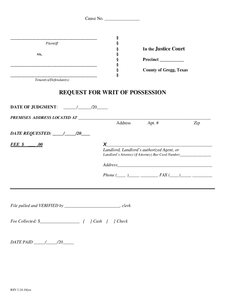 Request For Writ Of Possession - Gregg County Preview on Page 1