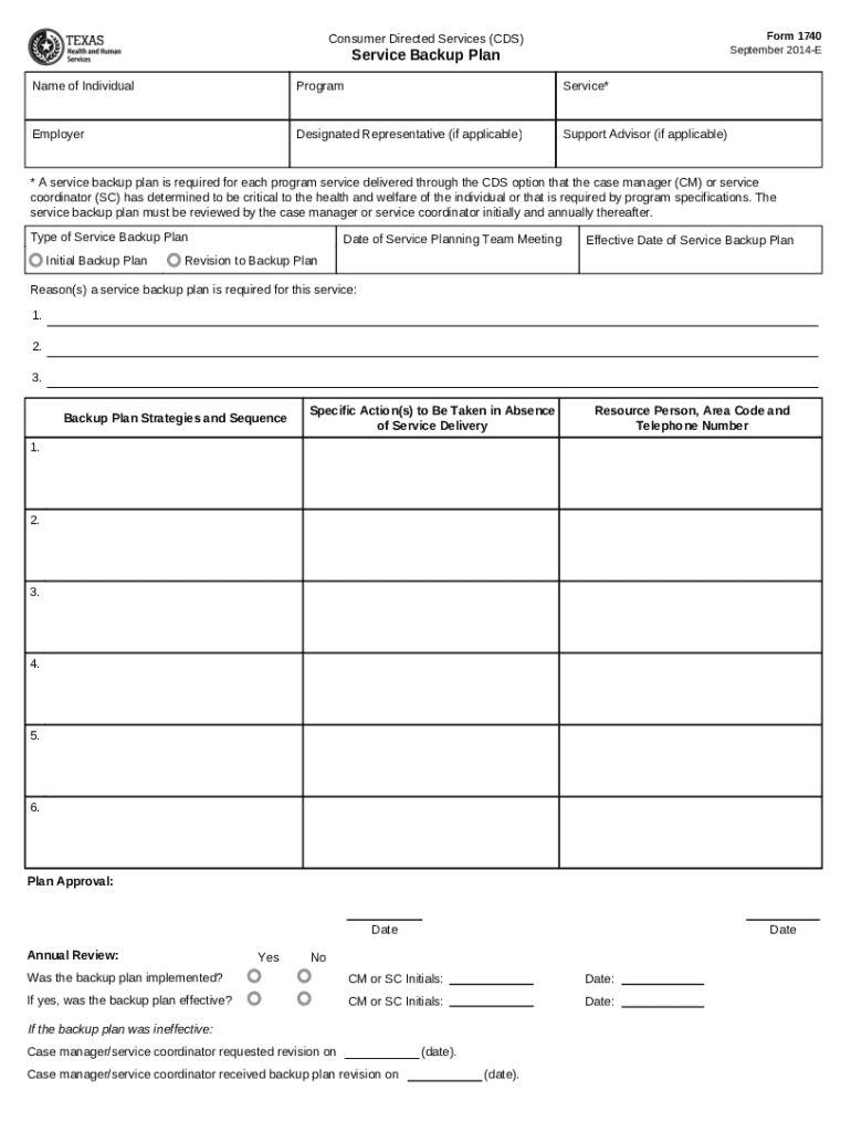 Form 1740, Service Backup Plan Form 1740 Preview on Page 1