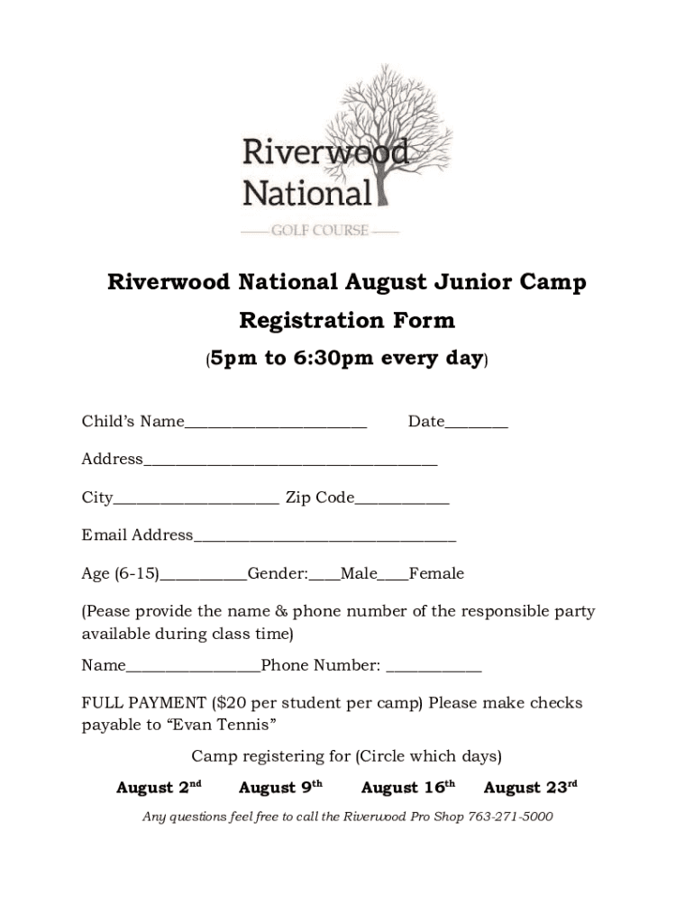 Fillable Online Riverwood National August Junior Camp Registration Form