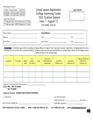 Summer 21 Group Lesson Registration Form with Waiver