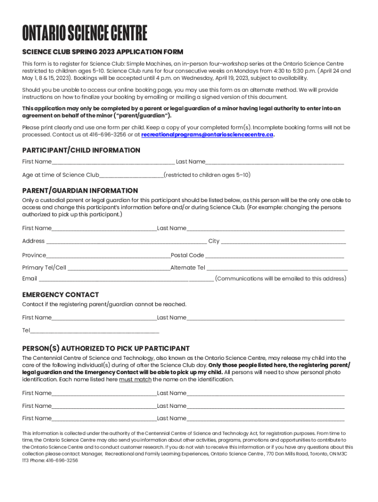 Fillable Online ONTARIO SCIENCE CENTRE SCIENCE CLUB SPRING 2023