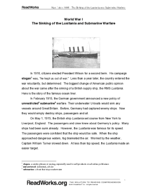 Fillable Online World War I: The Sinking of the Lusitania and Submarine ...