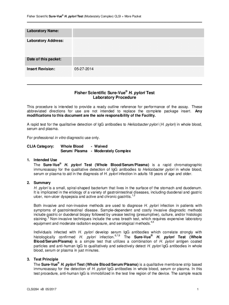 Fillable Online Fisher Scientific SureVue H. pylori Test Laboratory Fax Email Print pdfFiller