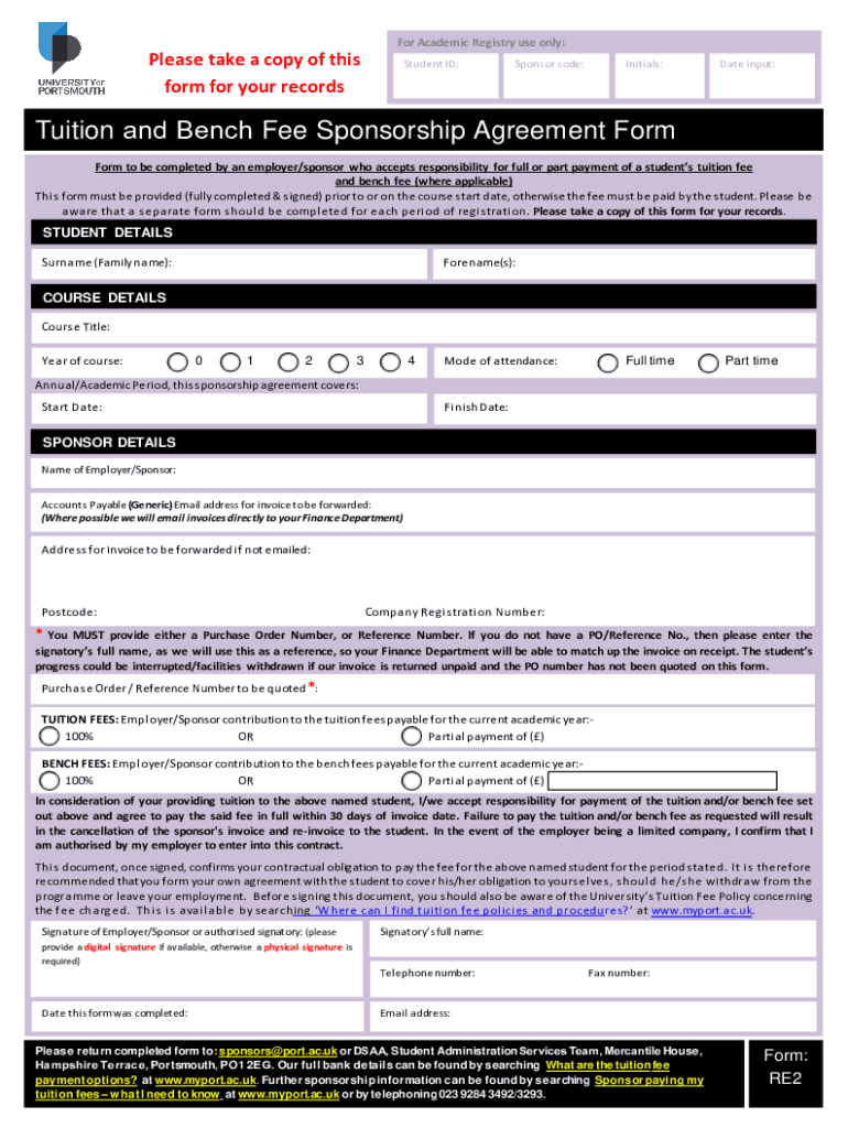 Fillable Online Tuition and Bench Fee Sponsorship Agreement Form Fax ...