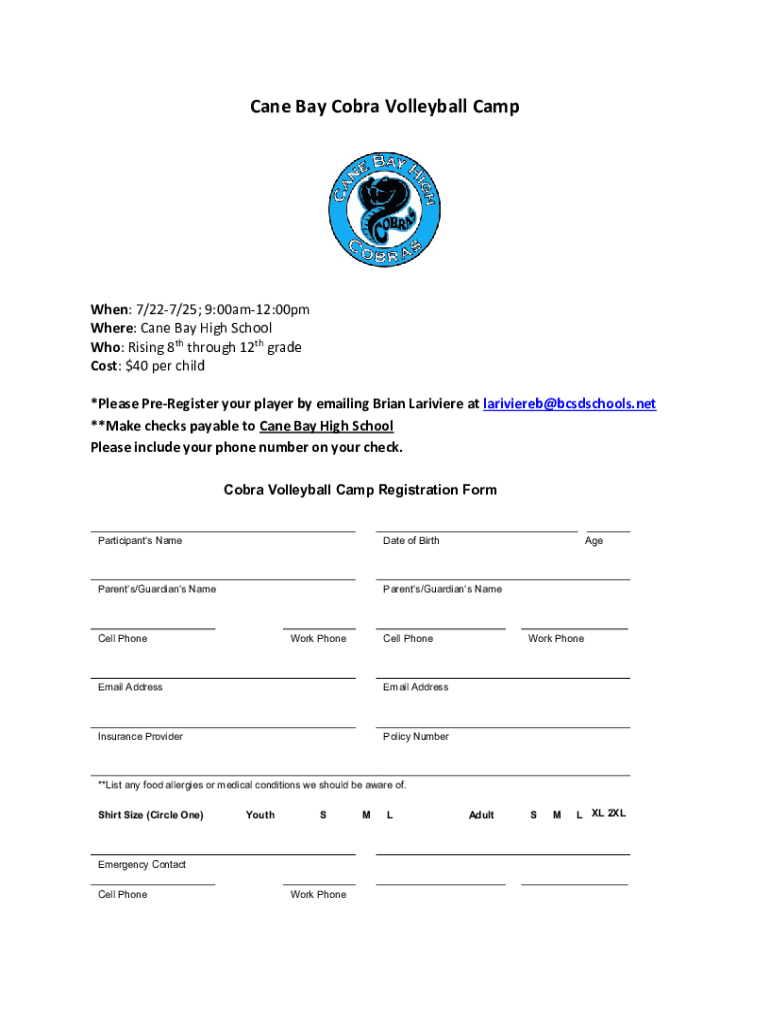 Fillable Online Cane Bay Cobra Volleyball Camp Registration Form Fax Email Print pdfFiller