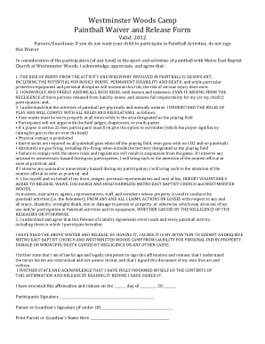 Fillable Online Westminster Woods Camp Paintball Waiver and Release ...