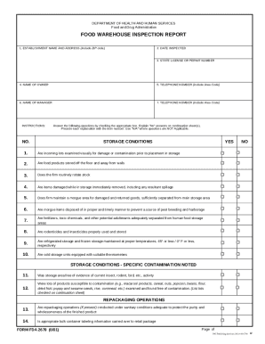 FORM FDA 2679. Food Warehouse Inspection Report