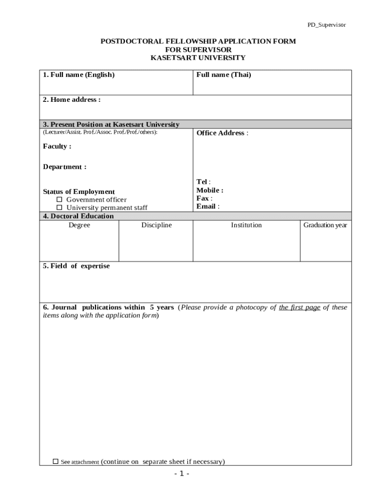  1 POSTDOCTORAL FELLOWSHIP APPLICATION FOR Doc Template PdfFiller