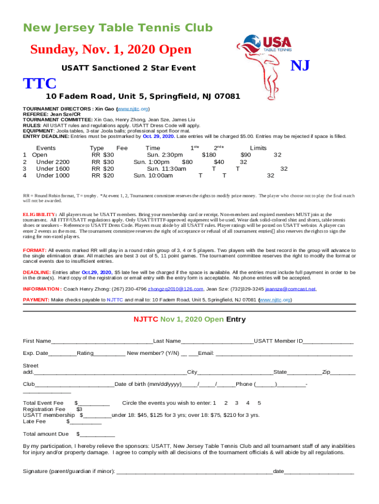 New Jersey Table Tennis Club Sunday, Nov. 1, 2020 Open Doc Template