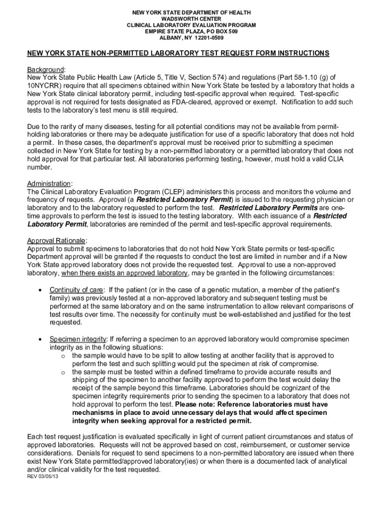 Fillable Online NEW YORK STATE NONPERMITTED LABORATORY TEST REQUEST FORM INSTRUCTIONS Fax Email