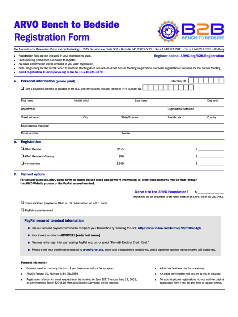 Fillable Online ARVO Bench to Bedside Registration Form Fax Email Print