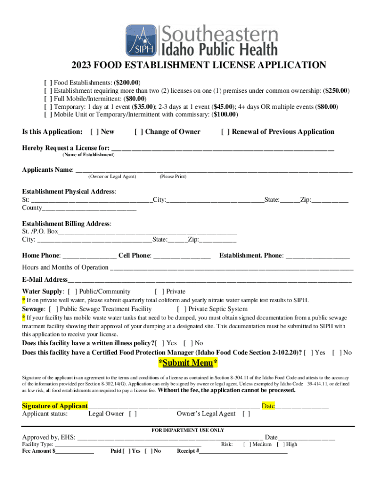 Fillable Online 2023 FOOD ESTABLISHMENT LICENSE APPLICATION Fax Email