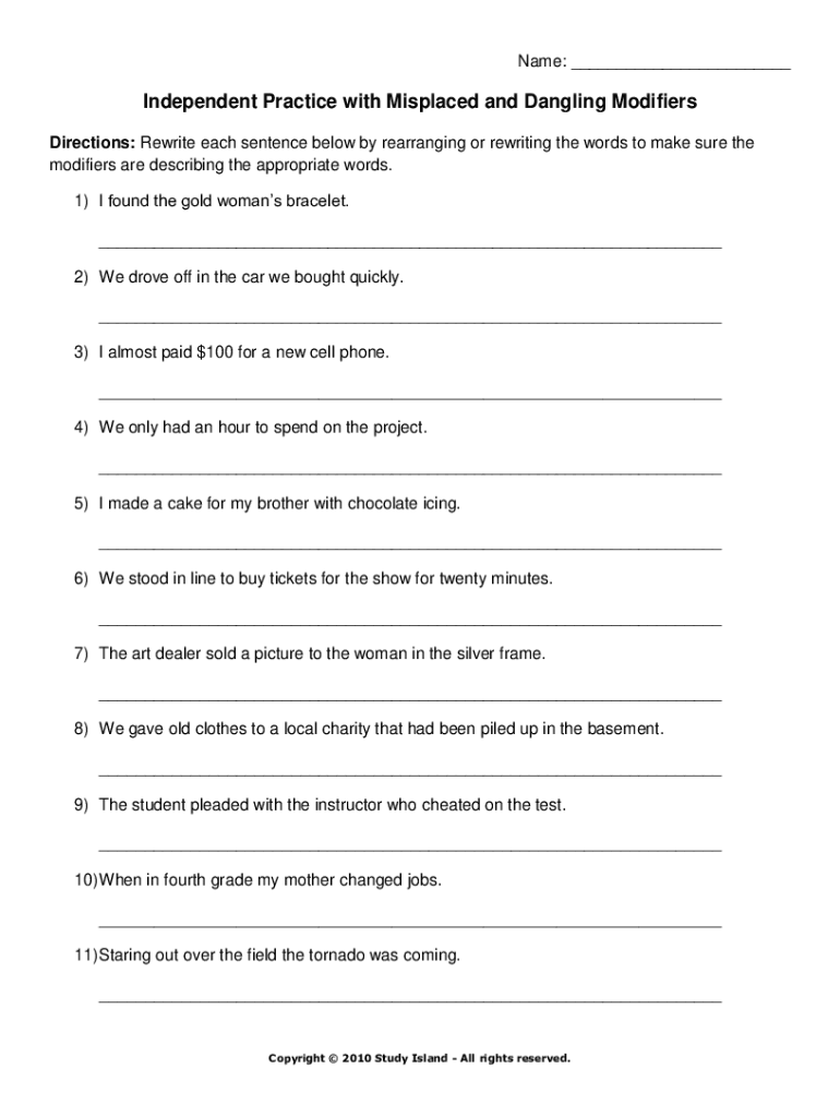 Fillable Online Misplaced And Dangling Modifiers Worksheet Fax Email