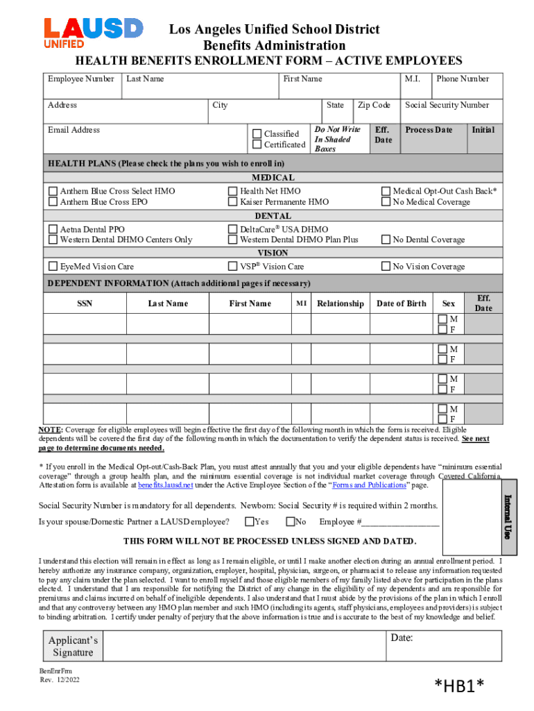 Health Benefits Enrollment Form - Active Employees Preview on Page 1