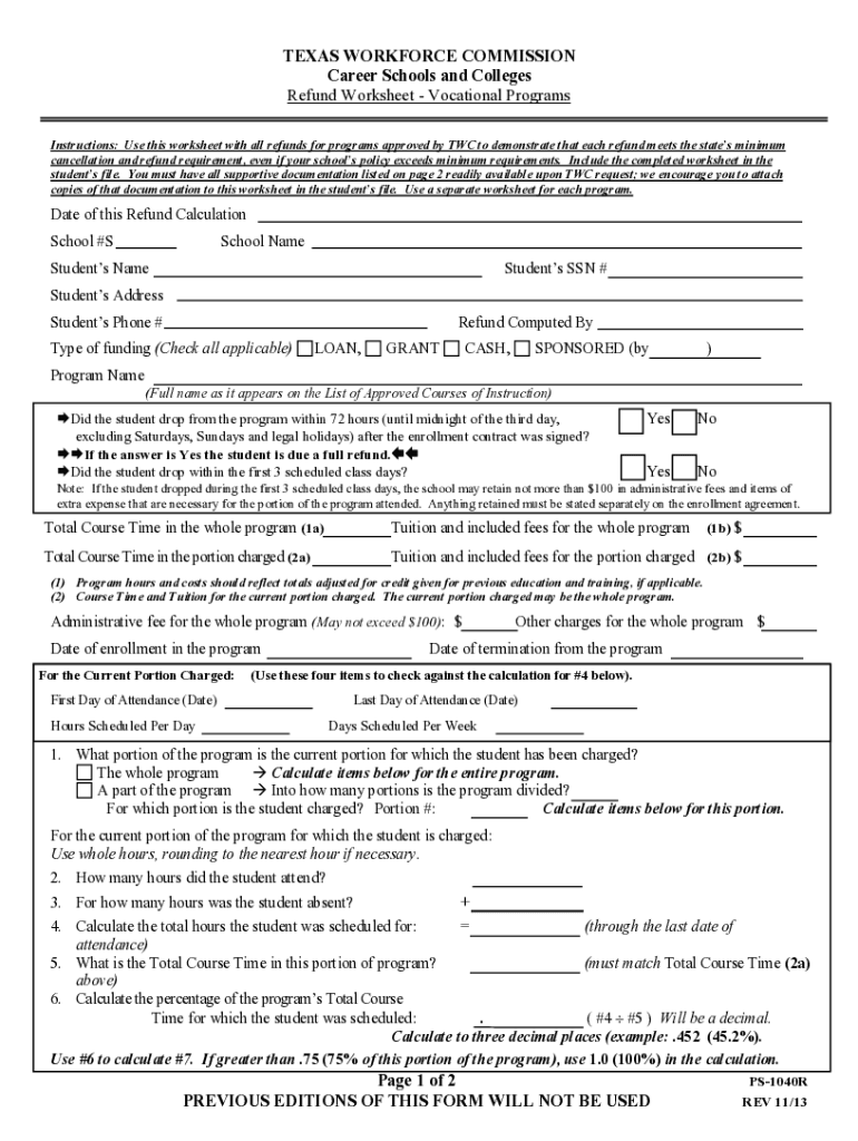 Fillable Online Sample Refund Worksheet for Correspondence Courses Fax