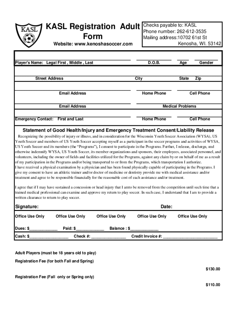 Fillable Online KASL Registration Adult Form Fax Email Print pdfFiller