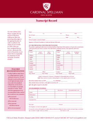Fillable Online Transcript Record - Cardinal Spellman High School Fax ...