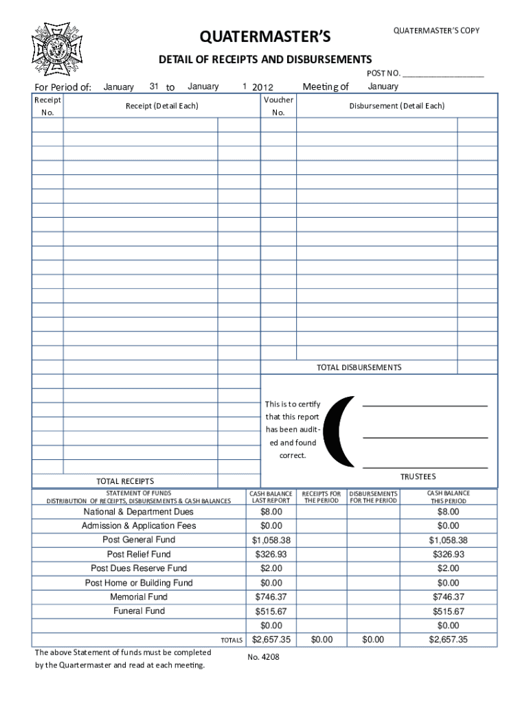 QUATERMASTER DETAIL OF RECEIPTS AND DISBURSEMENTS pub Preview on Page 1