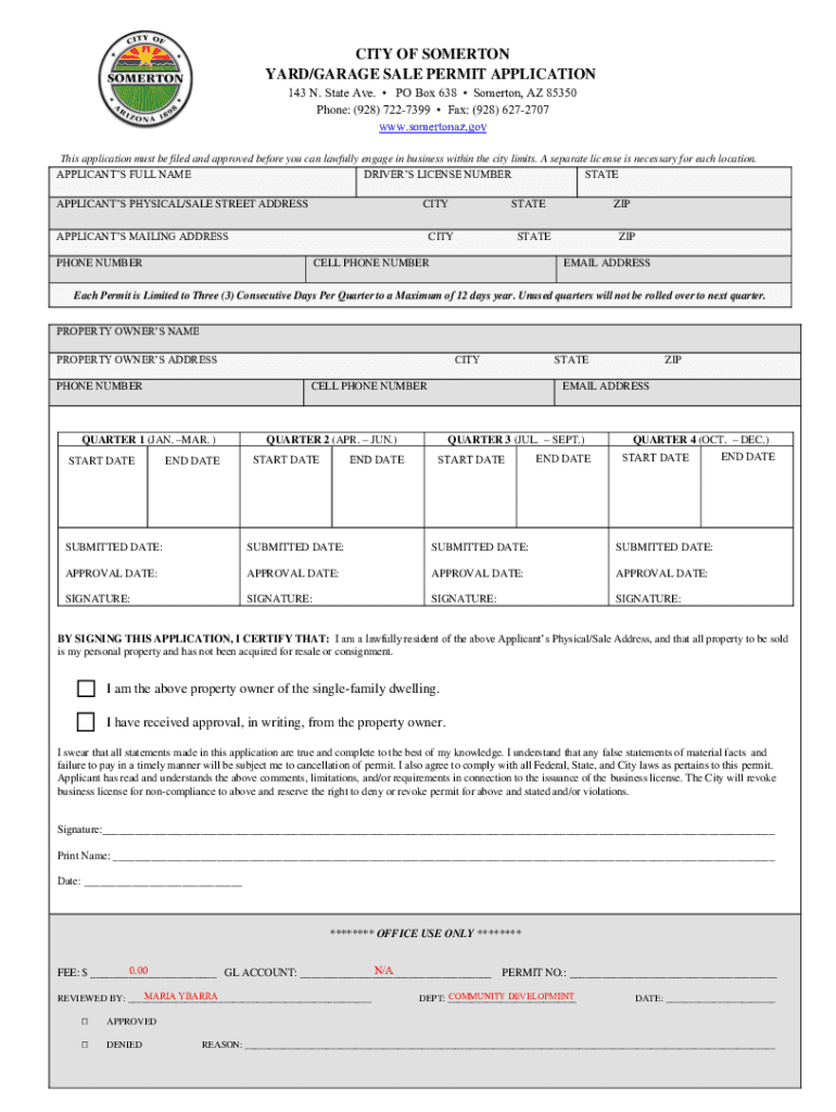 Fillable Online CITY OF SOMERTON YARD/GARAGE SALE PERMIT Fax Email
