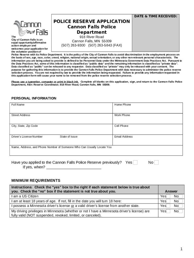 CITY OF CANNON FALLS EMPLOYMENT APPLICATION Doc Template pdfFiller