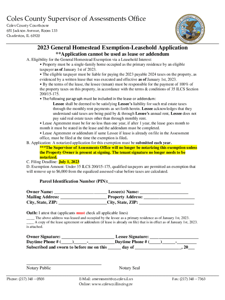 Fillable Online Coles County, Illinois Tax Assessors' Office Fax Email