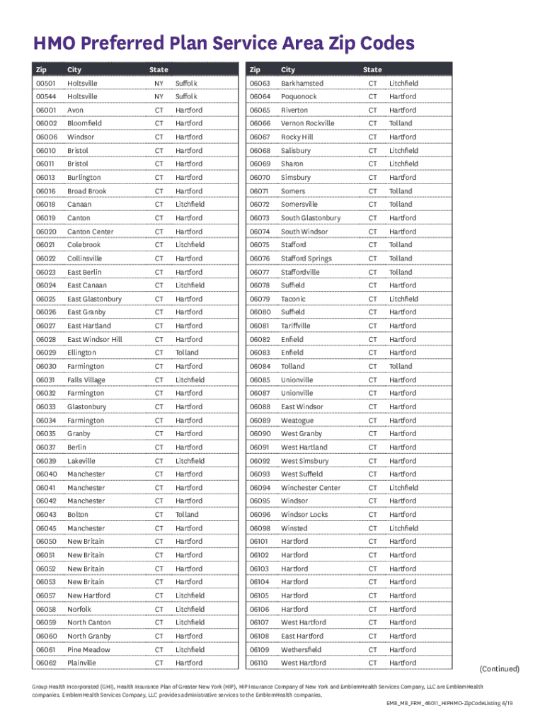 Fillable Online HMO Preferred Plan Service Area Zip Codes Fax Email