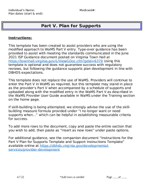 Instructions for the Part V Plan for Supports Template