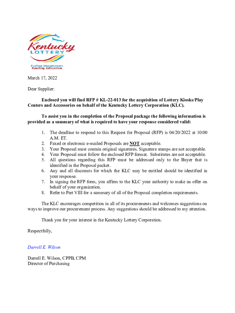 Fillable Online Enclosed you will find Request for Proposal (RFP) KL