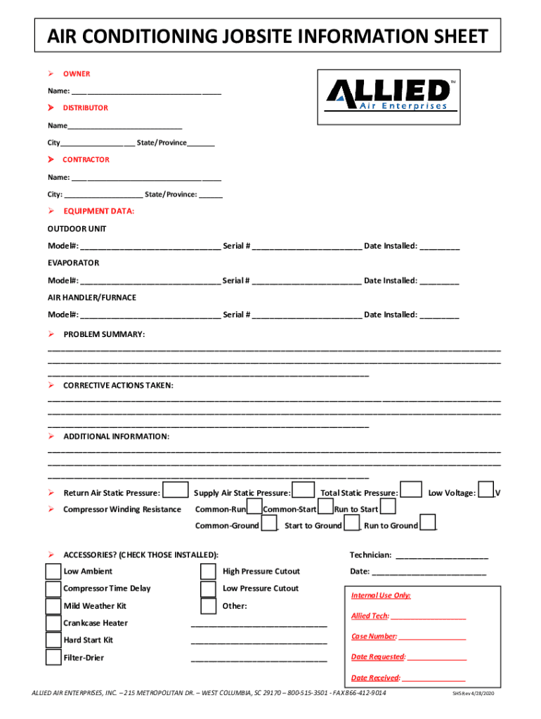 Fillable Online air conditioning system jobsite information sheet