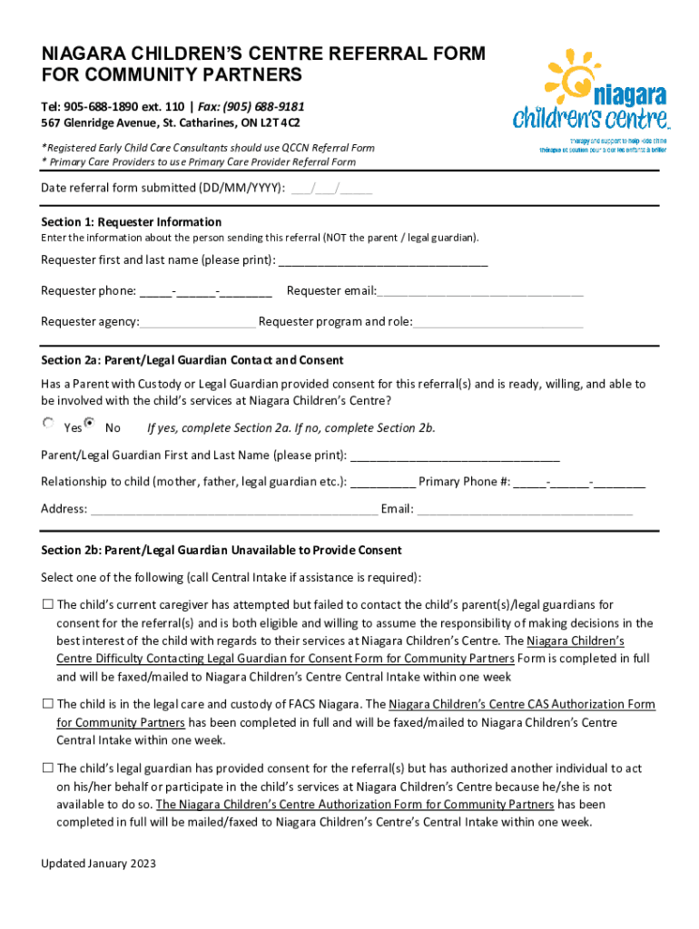 Fillable Online Referral form for Niagara Children's Centre/ Fax