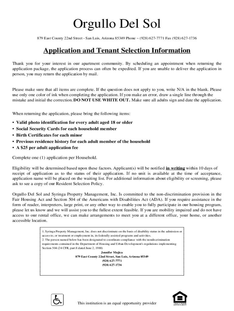 Fillable Online Orgullo Del Sol ApartmentsSan Luis AZ MultiFamily Fax Email Print pdfFiller