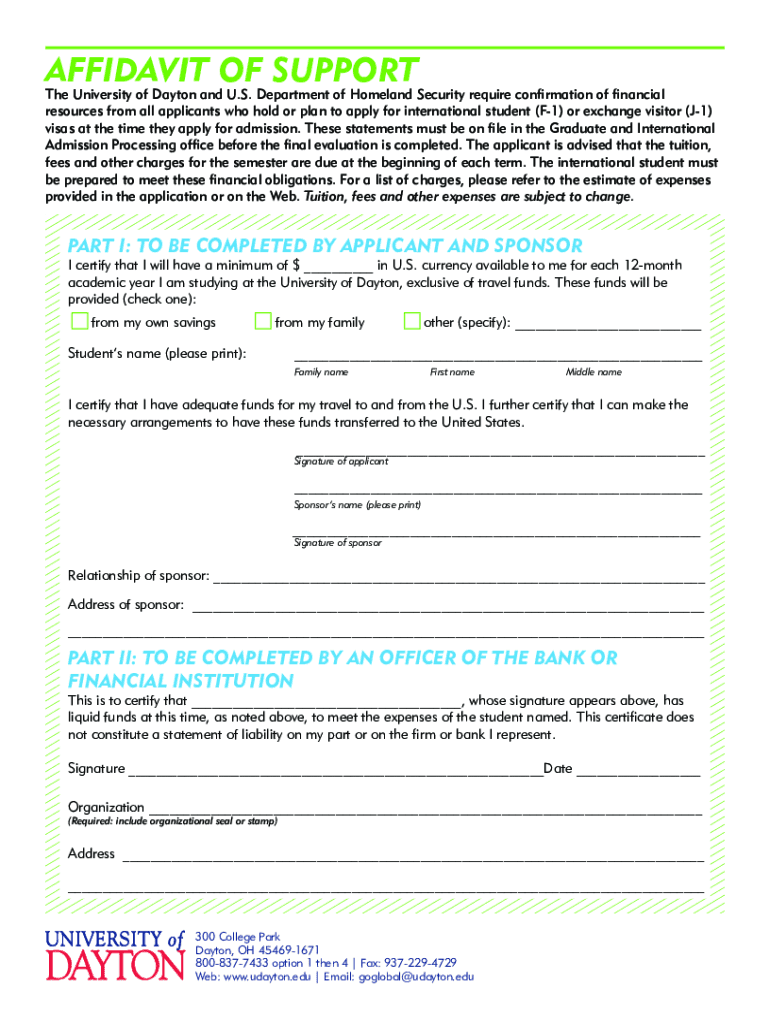 Affidavit of Support University of Dayton Preview on Page 1