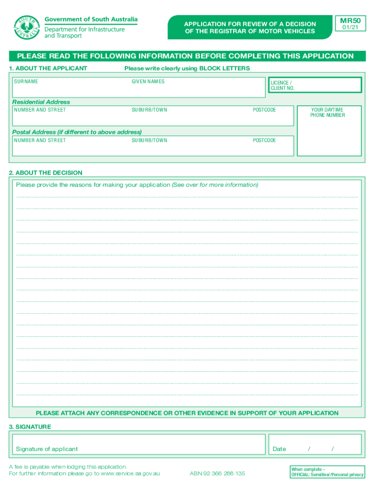 MR50 Application for the Review of a Decision of the Registrar of Motor Vehicles reviewing a decisio Preview on Page 1