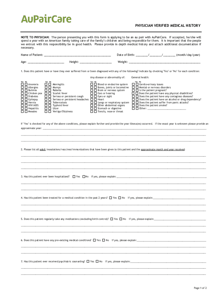 The Au Pair's medical certificate Preview on Page 1