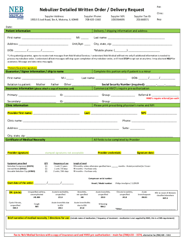Fillable Online DRAFT Nebulizer Order Template Guidance Fax Email