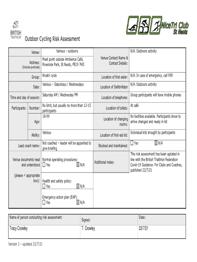 Fillable Online Risk Assessment guide for outdoor activities Fax Email