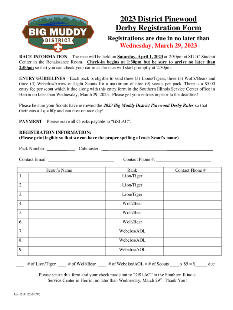 Fillable Online 2023 District Pinewood Derby Registration Form Fax