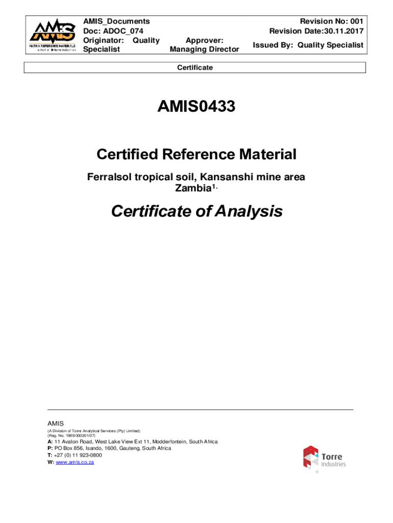 Fillable Online amis co AMIS0433 Certificate of Analysis Fax Email