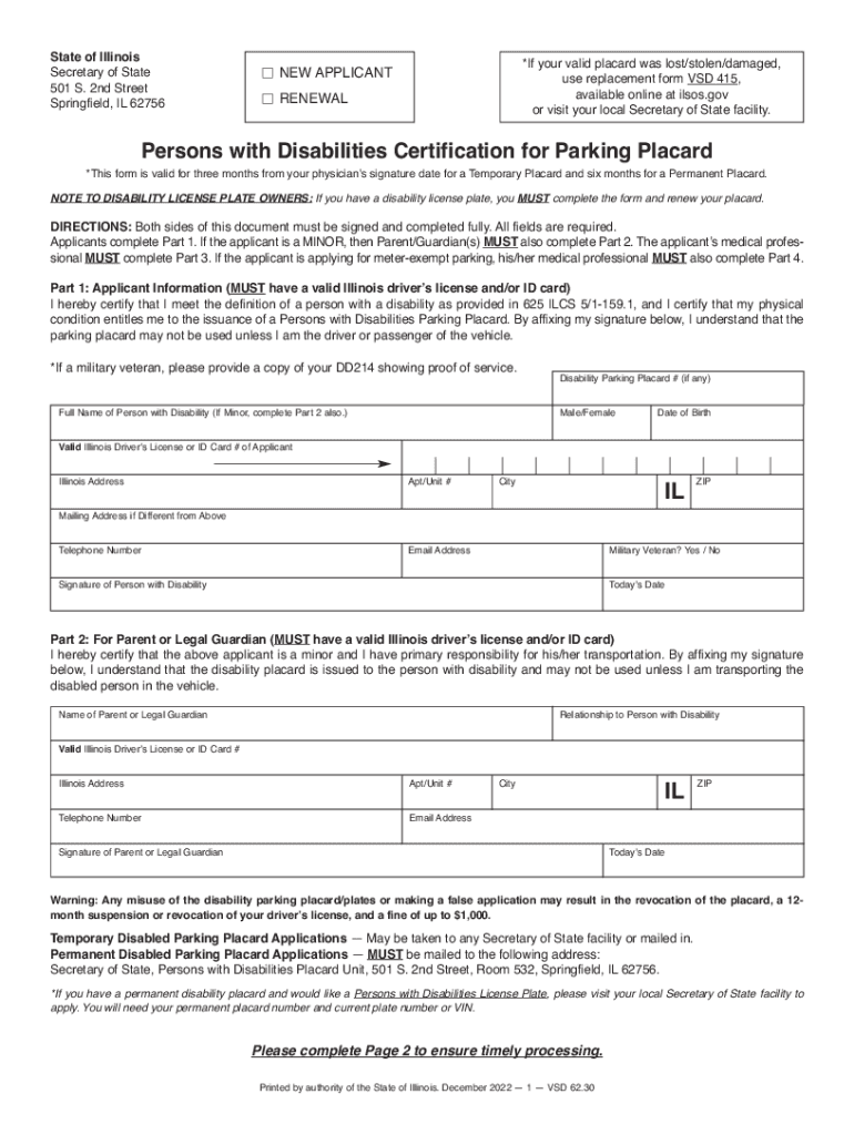 Illinois Persons with Disabilities Certification for Parking Preview on Page 1