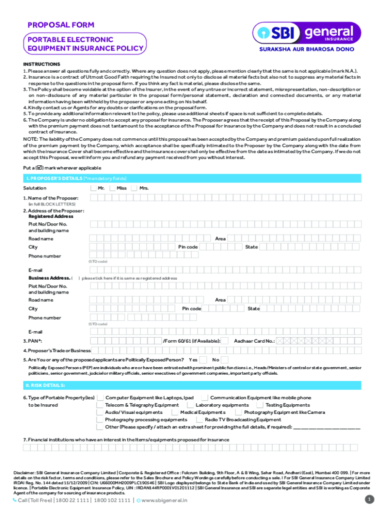 Fillable Online Portable Electronic Equipment InsProposal Form New Fax