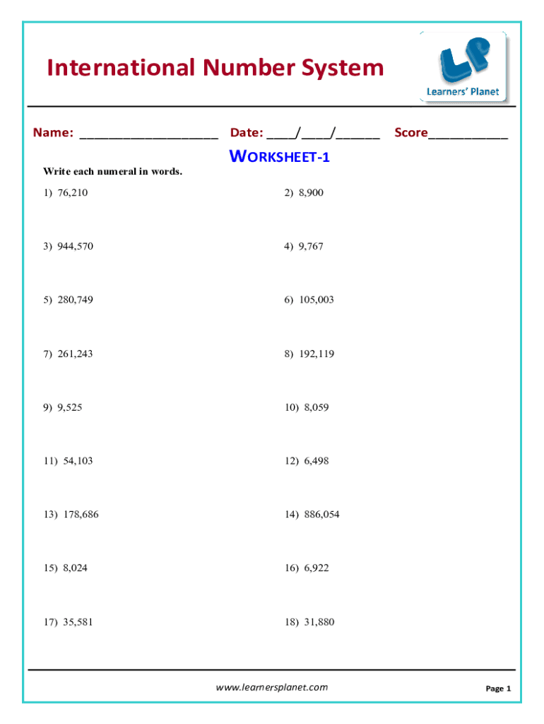 Fillable Online International Number System Worksheet For Grade 6 Fax Fillable Online International Number System Worksheet For Grade 6 Fax