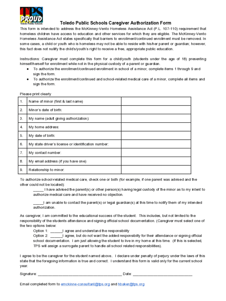 Fillable Online Toledo Public Schools Caregiver Authorization Form Fax