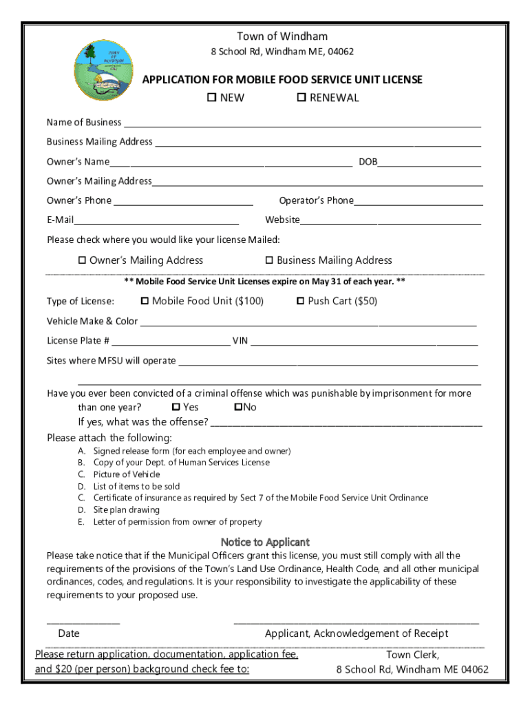 Fillable Online Town of Windham APPLICATION FOR MOBILE FOOD SERVICE